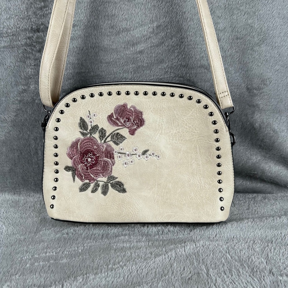 Sam & Hadley Cream Faux Leather Embroidered Rose Studded Crossbody Bag